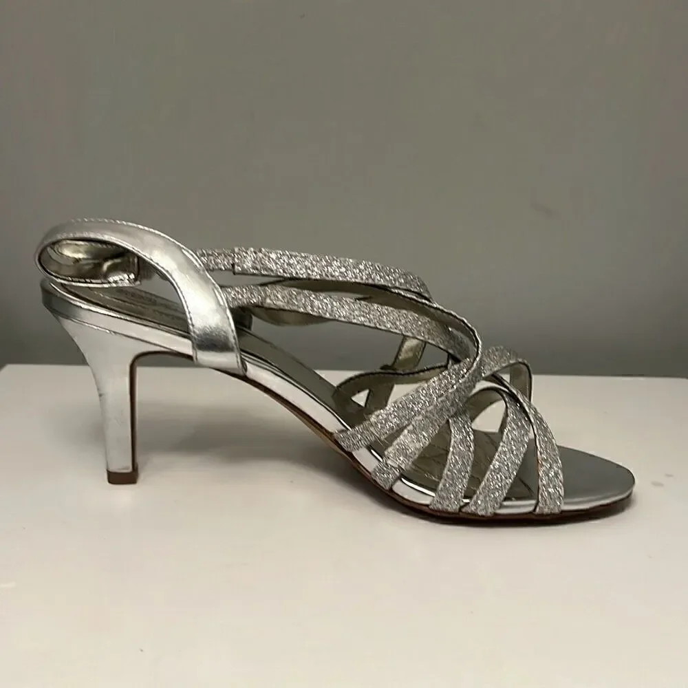 Alfani Alisa Silver Sparkly Strappy Heel Sandals Size 7.5M